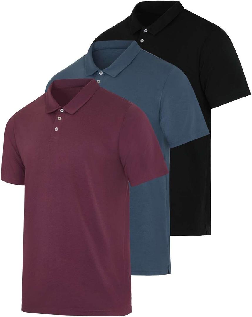 3 x Real Essentials 3 Pack: Men's Casual Jersey Cotton Short Sleeve Quick Dry Breathable Polo Shirt -  (L)