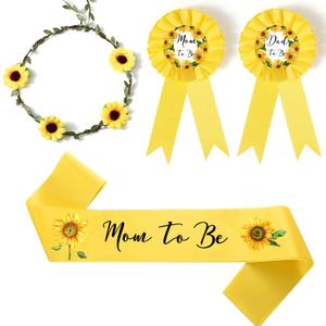 Xinnun 4 Pieces Mom to Be Sash Baby Shower Decoration Sunflower Themed Sash for Mommy and Dad Corsage Pin with Sage Green Leaf Flowers Crown for Baby Shower Party Favors Gender Reveal (Yellow)