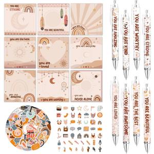 Boho Inspirational Theme Office Supplies Include 9 Pack Rainbow Sticky Notes 8 Pcs Motivational Retractable Ballpoint Pen 50 Pcs Cute Stickers First Day of School Employee Appreciation Gifts