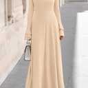 PRETTYGARDEN Womens Dresses Formal Off The Shoulder Long Sleeve Ruched Knit A-Line Maxi Wedding Guest Dress Fall Clothes (Beige, L)