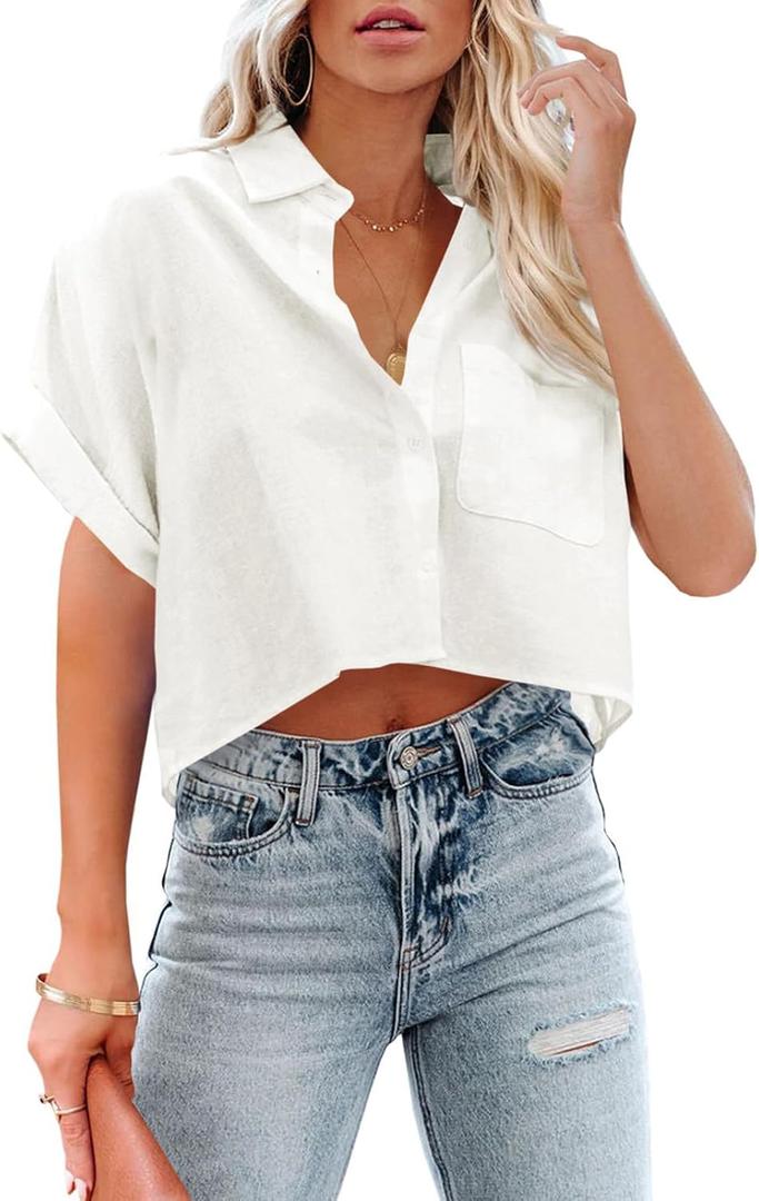 Tankaneo Womens Button Down Cropped Shirts Long Sleeve Casual Crop Tops Solid Lapel Blouse Shirt with Chest Pocket (X-Large, 18-white)