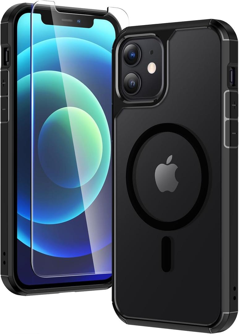 TAURI for iPhone 12 Case/iPhone 12 Pro Case, Compatible with Magsafe [Yellowing Resistant] with Screen Protector, Military-Grade Protection, Slim Magnetic Phone Case, Black