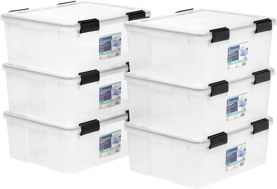 IRIS USA WeatherPro 31 Qt Storage Bins with Lids, 6 Pack, BPA-Free Plastic Gasket Box with Tight Latch and Seal, Stackable Nestable Tote Tub - Clear/Black