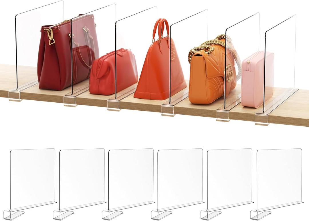 HBlife 6 Pack Clear Shelf Dividers, Vertical Purse Organizer for Closet Perfect for Sweater, Shirts, Handbags in Bedroom and Kitchen, Adjustable Acrylic Bookshelf for Organization