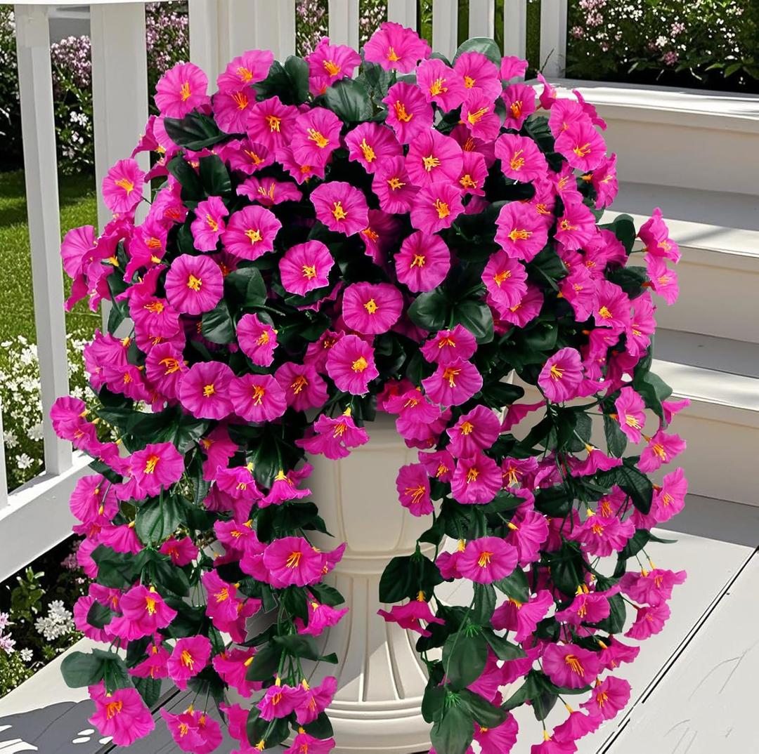 Ouddy Decor 3 Pcs Artificial Hanging Flowers for Outdoors, Fake Silk Hanging Plants Faux Morning Glory UV Resistant for Outdoor Indoor Garden Planter Porch Patio Yard Balcony Home Decor, Fuchsia