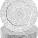 SOUJOY 12 Pack Charger Plates, 13 Inch Silver Plastic Charger Plate, Round Phoenix Pattern Elegant Serve Ware Plates for Weddings, Parties, Anniversary, Thanksgiving