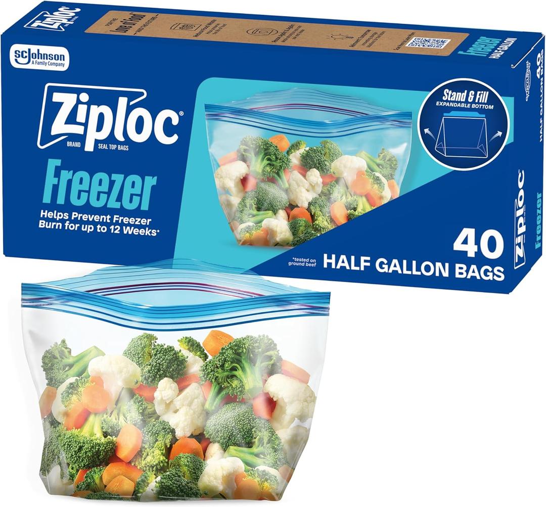 Ziploc Half Gallon Food Storage Freezer Bags, Easy Open and Close, 40 Bags Total