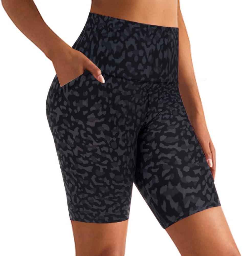 GROTEEN 8'' Biker Shorts Women with Pockets - High Waisted Tummy Control Yoga Workout Running Gym Spandex Shorts (Black, XL)