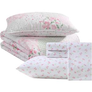 Laura Ashley - Twin Bedding Bundle, Reversible Toddler Comforter with Matching Sham, Throw Pillow, & Stain-Resistant Sheet Set, Ideal Girl Room Essentials (Pink)