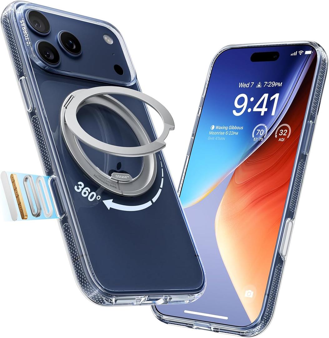 TORRAS 360 Magnetic Stand for iPhone 17 Pro Case, [Fit for MagSafe] [Rotatable Ring Kickstand] [4X Mil-Grade Shockproof] Slim Phone Cover, Camera Button, Crystal Clear, Transparent, Ostand O3 Fitness