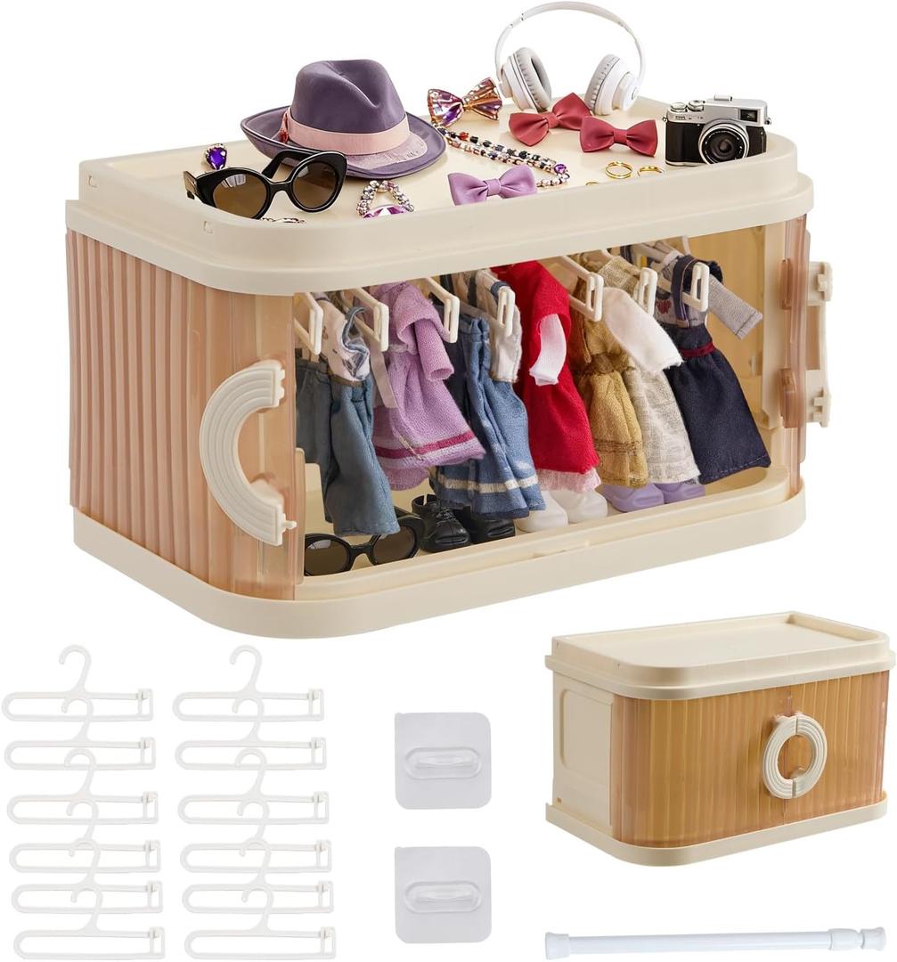 Foldable Doll Wardrobe Storage Box, Compatible with Labubu Clothes, Designed for 15/17cm Doll Clothing, Includes 12 Hangers, 1 Hanging Rod, Dust Cover, Coat hangerand Display Shelf.