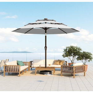 Patio Kingdom 10FT Patio Umbrella 3 Tiers Outdoor Market Umbrella w/Push Button Tilt, Crank, UV and Waterproof Table Umbrella for Garden, Pool, Backyard, Deck, Lawn, Light Gray