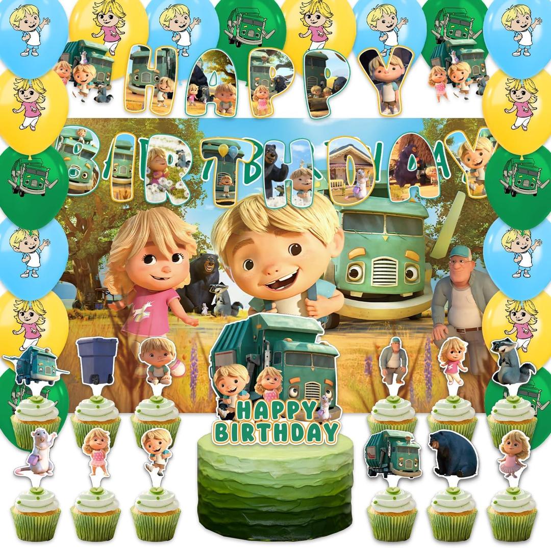 42Pcks Garbage Truck Party Supplies Pack IncludesBannerCake TopperBlackdrop,Balloons for Garbage Truck party Decoration