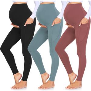 GROTEEN 3 Pack Women's Maternity Leggings with Pockets Over The Belly Workout Yoga Pregnancy Pants, Small