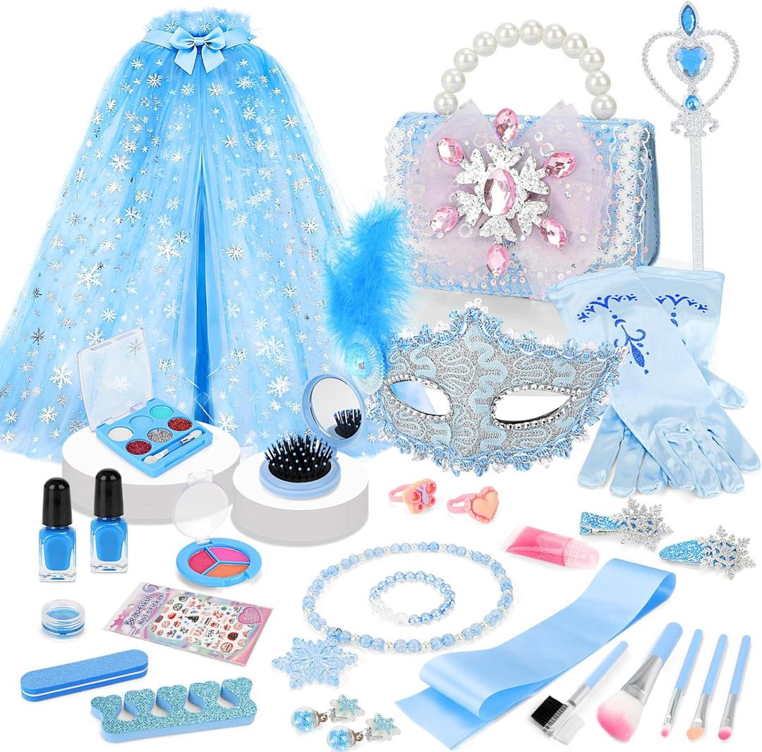 deAO Princess Dress Up Set Kids Makeup Kit for Girls Make up Set Accessories with Handbag Kids Pretend Magic Wand for 3-6 Girls