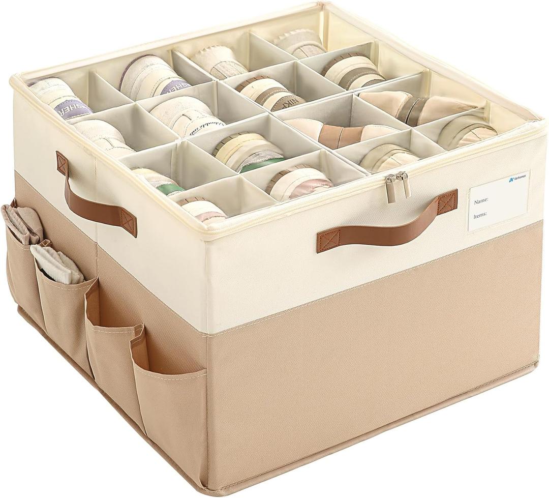 Varhomax Shoe Organizer Box for Closet, Fabric Shoe Storage Bin with Adjustable Dividers & Clear Cover, Holds up 16-32 Pairs of Sneakers & Sandals for Entryway, Cubby (Brown-Large-1 Pack)