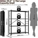 39.4" Wide 4-Tier Foldable Storage Shelves with 4 Wheels & 20 Hooks, Heavy Duty Metal Folding Shelf Unit, No Assembly, Adjustable 3rd Shelf for Kitchen, Garage, Pantry, Bookshelf, Black