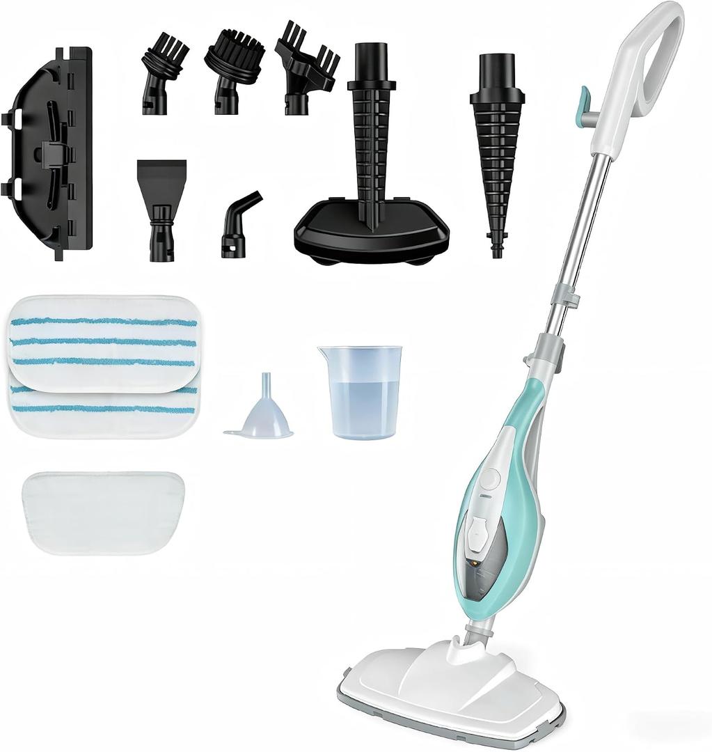 OLIXIS 10-in-1 Steam Mop, 1550W Detachable Handheld Steam Cleaner for Floor Cleaning, 16.4FT Cord, 2 Washable Pads, Multi-Purpose Floor Steamer for Hardwood, Carpet, Tile, Grout, Windows, White Green