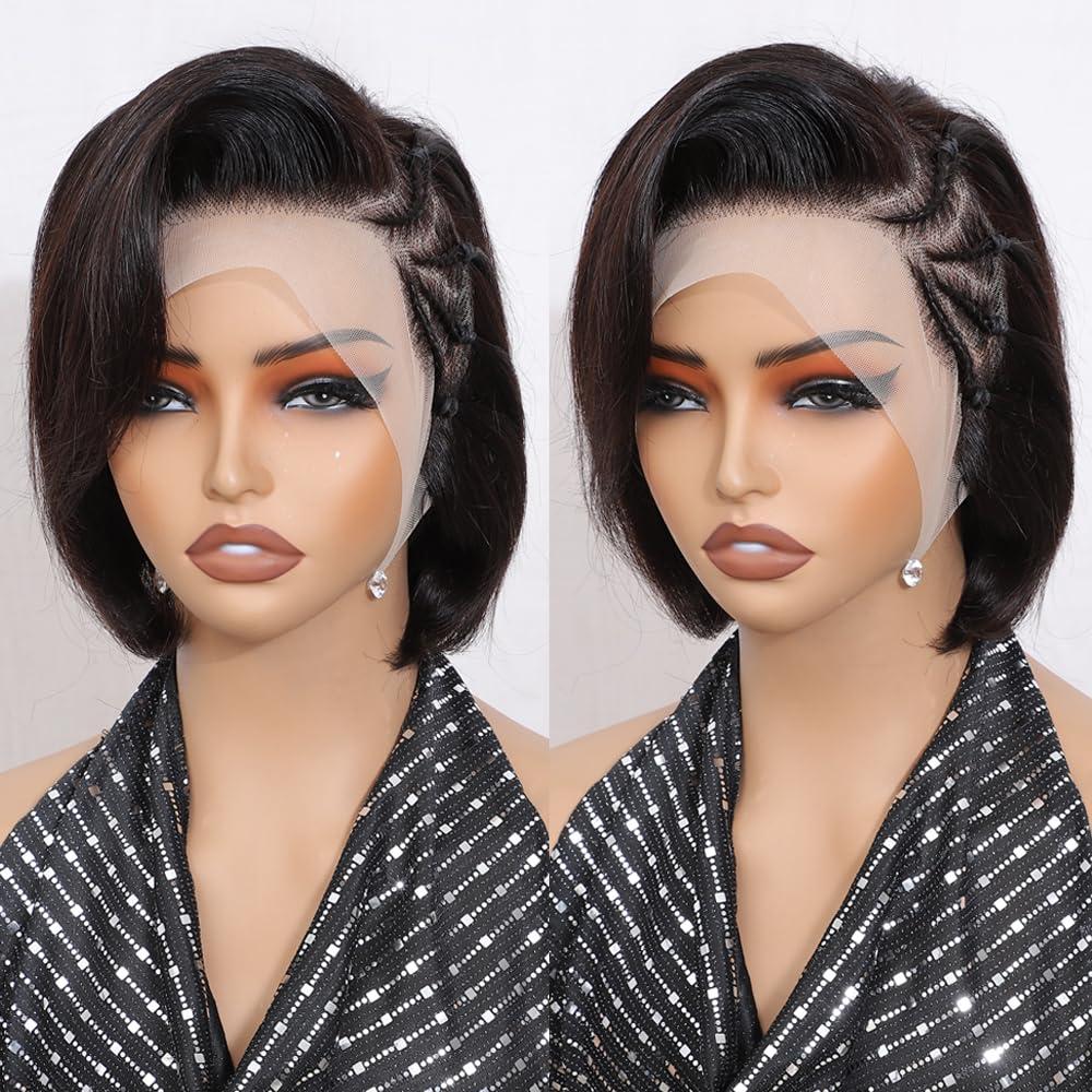 Pixie Cut Wig Human Hair Natural Color Braided Wigs Human Hair Short 8 Inches Pixie Wig Brazilian Remy Straight Pre Plucked Braided Lace Front Wigs for Black Women 180% Density