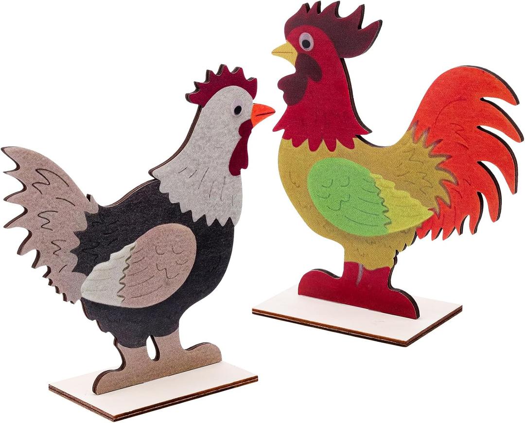 2 x 2pcs Easter Chicken Decoration for Home Farmhouse Rooster Decor Chicken Party Decoration Wooden Sign Wood Cutout Ornament Hen Craft Table Kitchen Garden Tiered Tray