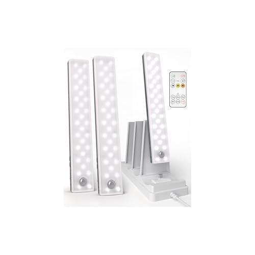 EZVALO 3-Pack Under Cabinet Lighting with Charging Station, 2000mAh Rechargeable Wireless Motion Sensor Lights, 3 Color Temps, Dimmable, Timer, Magnetic, with Remote Control for Kitchen, Closet