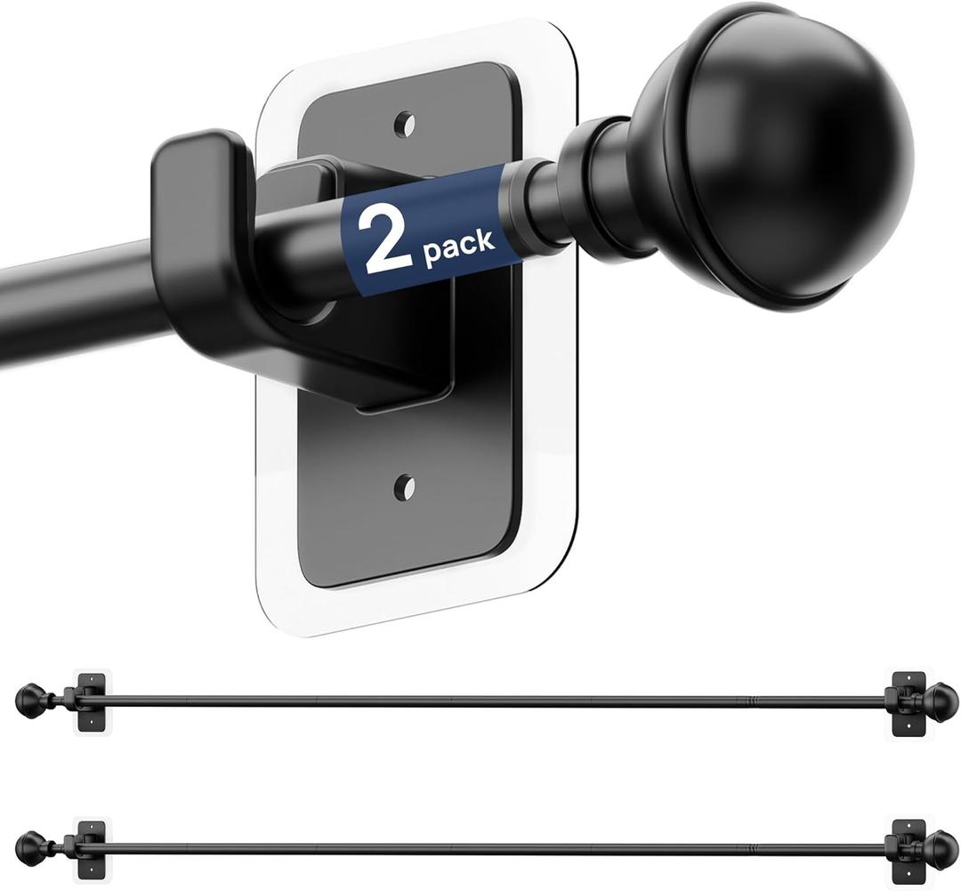 ENJOYBASICS 2 Pack No Drill Curtain Rods for Window 48 to 84 Inches, 5/8 Inch Diameter Renter Friendly Drapery Rod with Adhesive Brackets without Drilling, Adjustable from 27 to 90 Inches, Black