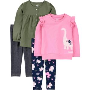 Simple Joys by Carter's girls 4-piece Playwear Set (2T, Black/Navy Floral/Olive/Pink Dinosaur)