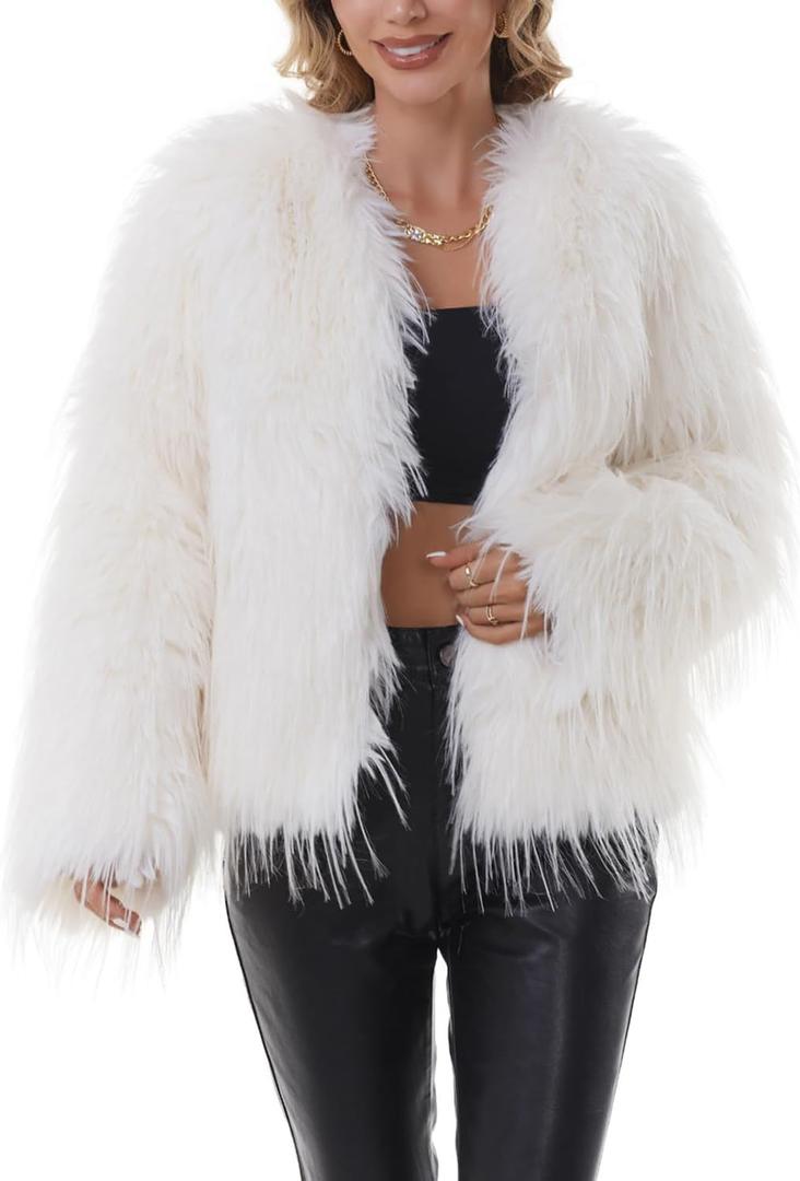 QUENTY PIELIES Faux Fur Coat Womens Jacket Shaggy Outwear Long Sleeve Warm Winter (Large, White)
