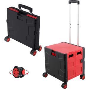 FELICON Folding Utility Cart Portable Rolling Crate Handcart with Durable Heavy Duty Plastic Telescoping Handle Collapsible Hidden Lid 4 Rotate Wheels for Travel Shop Move Office Teacher(Red & Black)