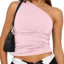 Trendy Queen Women's One Shoulder Tops - Asymmetrical Sleeveless Crop Tops, Sexy Going Out & Workout Shirts for Women (Pink, XL)