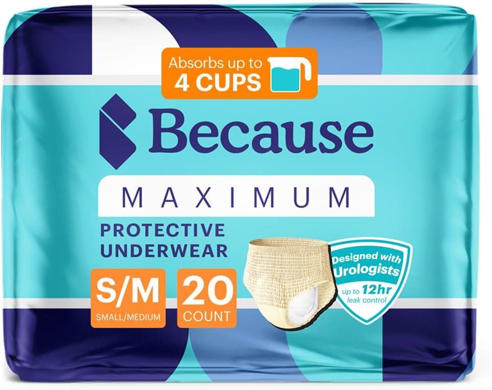 Because Discreet Maximum Adult Incontinence & Postpartum Underwear for Women, High Absorbency, Disposable, Absorbs Up to 4 Cups, Beige, Small/Medium, 20