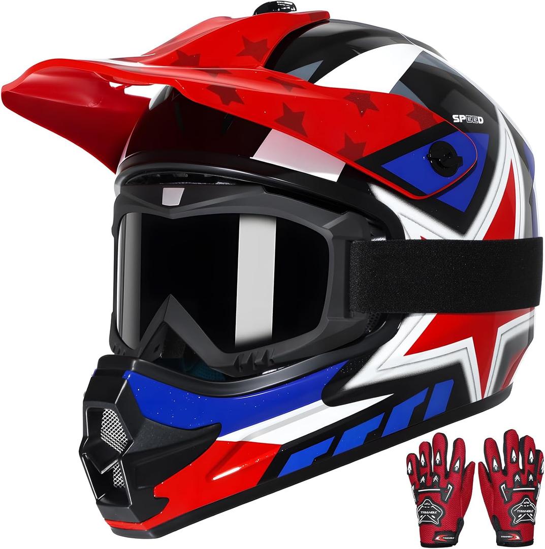 TRIANGLE Youth Kids Dirt Bike Helmet Full Face Motocross Helmet with Goggle & Gloves DOT/FMVSS-218 Approved Motorcycle Helmet, Medium