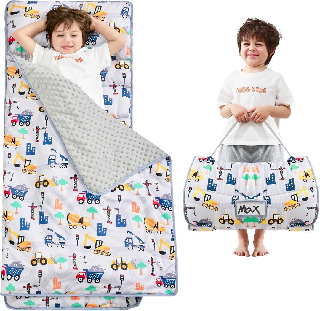 Toddler Nap Mat with Pillow and Blanket, Extra Large Rolled Napping Mats,Slumber Bags for Boys Girls,Kids Sleeping Bag for Daycare, Preschool Travel Camping (Truck)