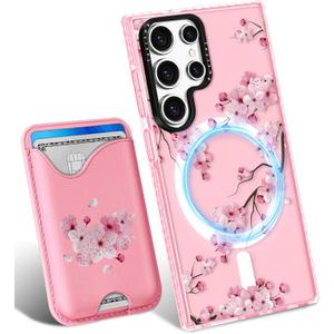 Toycamp for Samsung Galaxy S23 Ultra Case - Compatible with Magsafe Credit Card Holder Wallet Magnetic Cute Women Teen Girls Kawaii Girly Unique Flower Design Phone Cover for Galaxy S23 Ultra
