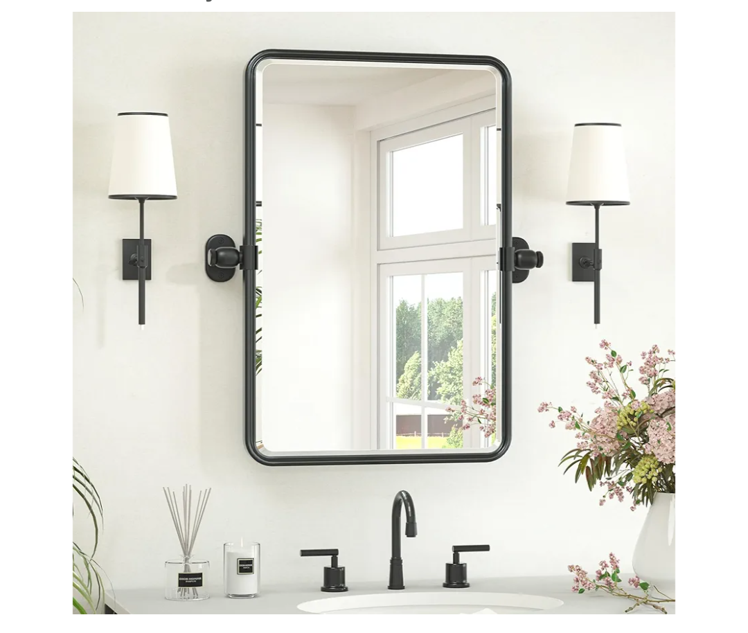 Keonjinn Black Pivot Mirror Bathroom, 16 x 24 in Beveled Tilt Mirror Bathroom Rectangle, Adjustable Tilting Mirrors for Over Sink, Farmhouse Metal Framed Vanity Mirrors (Horizontal/Vertical)