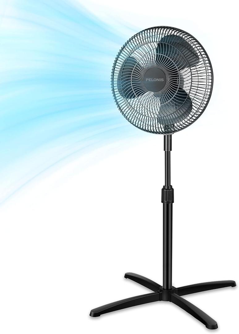 PELONIS 16 inch Pedestal Fan for Bedroom , Oscillating Fan, 3-Speeds, 90 Oscillation, Adjustable Height, Floor Fan, Standing Fan for Living Room, Kitchen, and Home office, Black