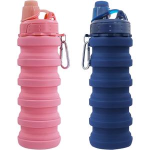 Collapsible Water Bottles Travel water bottle Sports Portable Sport Water Bottle Reusable Water Bottles comes with mountaineering Buckle 500ml silicone Water-proof camping water bottle (Dark Blue+Pink)