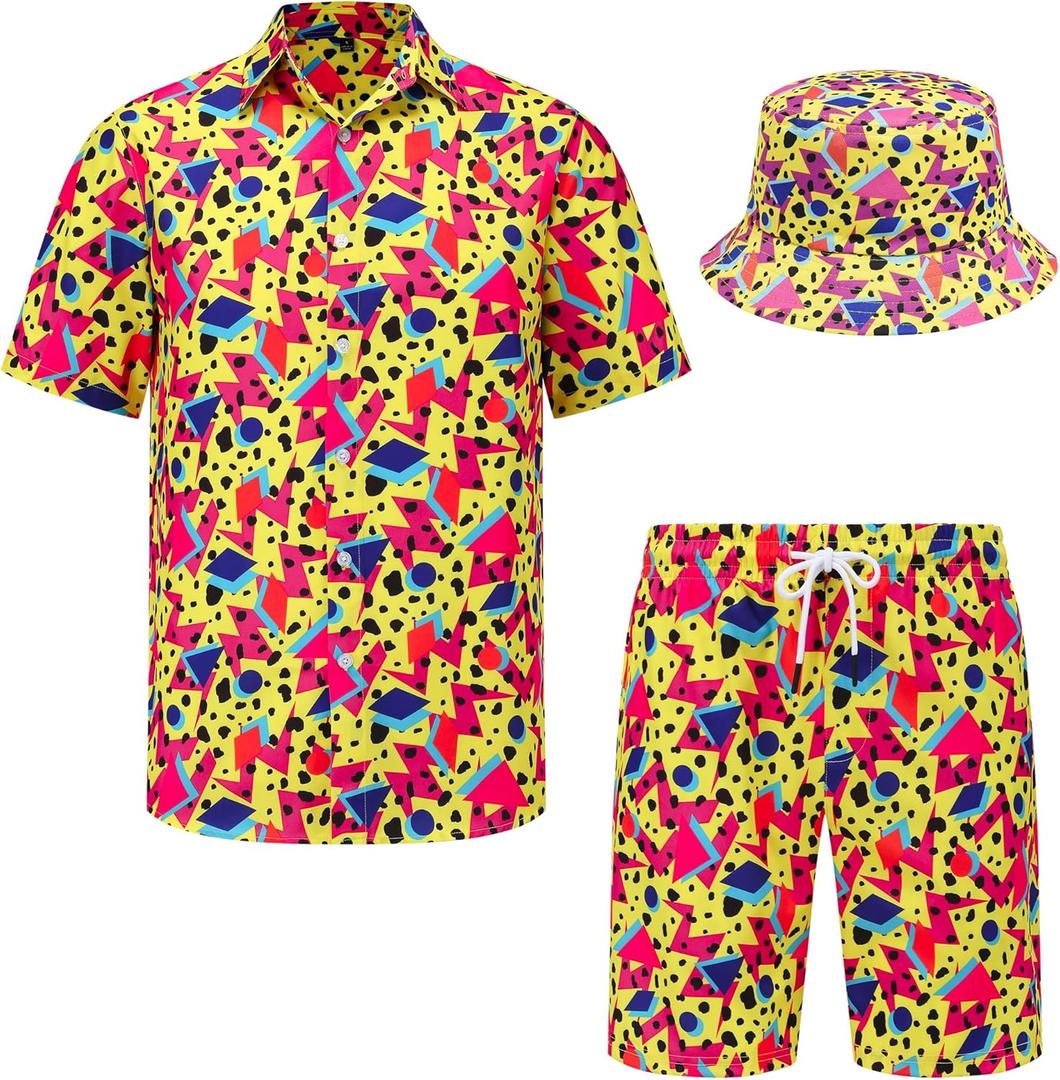 Mens Hawaiian Shirts and Shorts Set 2 Pieces Beach Outfits Summer Vacation Tropical Suit with Bucket Hats (Yellow, XS)