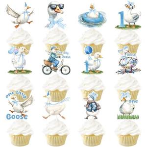 VorkiVecKi Goose Cupcake Toppers Decorations - 24 Pcs One Silly Goosey Birthday Party Decor for Kids Boys 1st Blue Edible Dessert Insert Picks Supplies Personalized First Cute Paper Table Cake Sticks 2 Pack