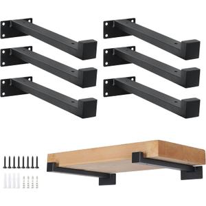 EZYDECOR 6Pcs Floating Shelves Brackets Heavy Duty Wooden Shelf Brackets 8inch Decorative Wall Shelf Brackets & Supports with Lip (Black) 8"