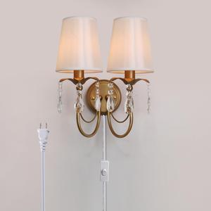 Sedelan Vintage Plug in Wall Sconces, Crystal Plug in Wall Sconce, Wall Light 2-Lights with Fabric Lampshade and Switch,Wall Lights for Bedroom Living Room,E12 Bulb Not Included
