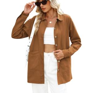 CiCiBird Women's Oversized Utility Shacket Jacket Button Down Long Sleeve Shirt Coat with Pockets 2025 Fall Fashion (Brown)