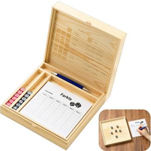 8.66 Inch Farkle Wooden Dice Tray and Storage Case with Lid Printed Rules Classic Board Game Set Includes 2 Sets of 6 Pearl Dice, 50 Scoreboard and Pen 1 Pen for Classic Family Game Wood Color