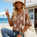 Halife Womens Flowy Boho Summer Tops Tassel Tie V Neck Short Sleeve Blouses (Brown, XL)