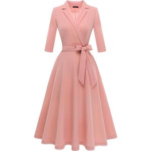 Meetjen Women's V-Neck Formal Dresses 3/4 Sleeve Modest Church Fit and Flare Cocktail Dress for Wedding Guest, Size S