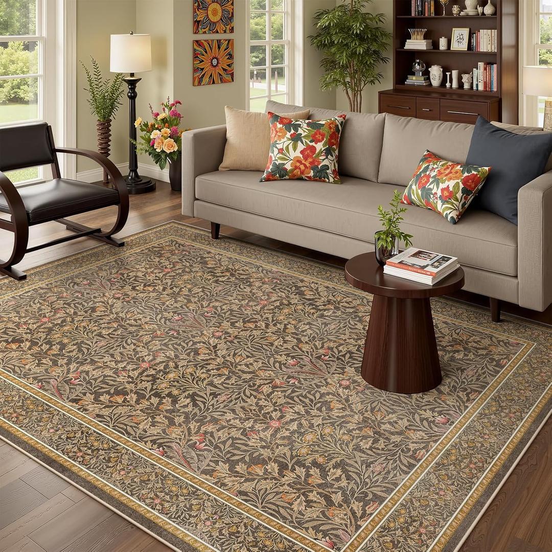 Dadasgk Floral Washable 5x7 Rug, Gold Brown Area Rugs for Living Room, Non Slip Boho Dining Room Rug Under Table, Botanical Ultra Thin Floor Carpet for Bedroom Home Office