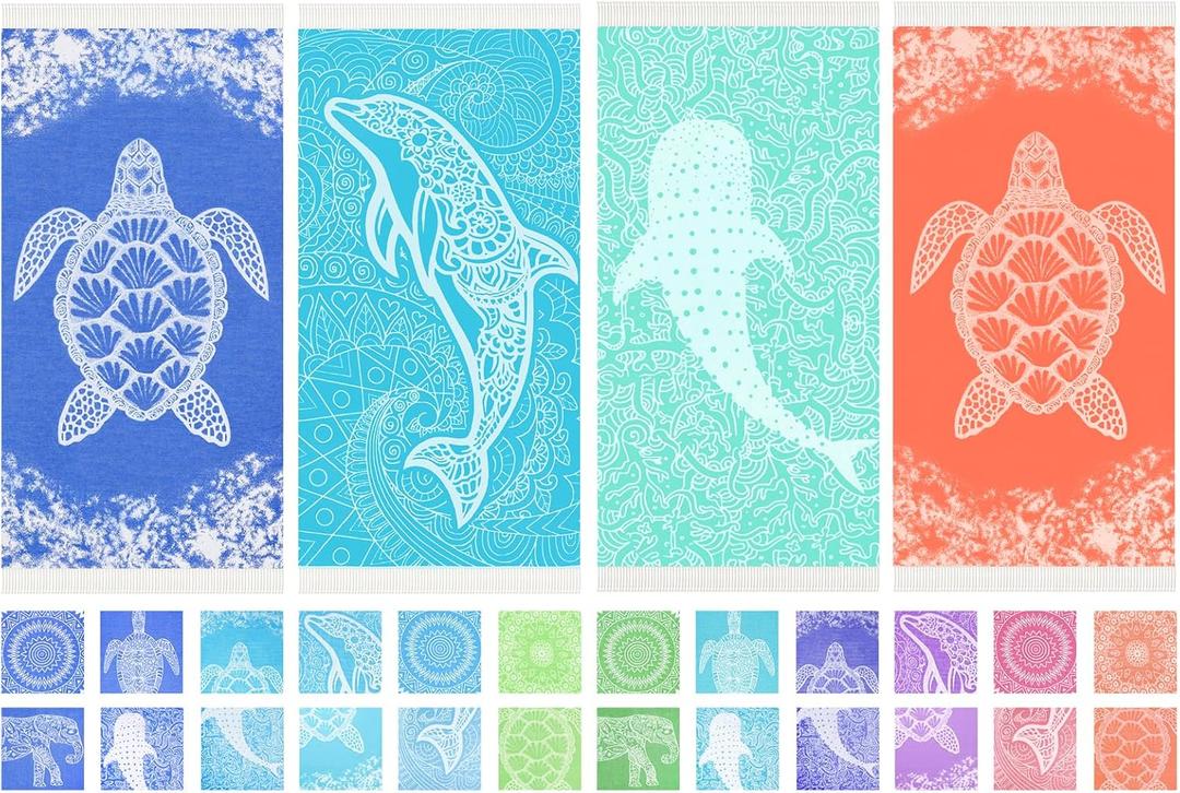 Widdonen Turkish Beach Towel Quick Dry Absorbent Cotton Lightweight Thin Bathroom Bath Pool Swim Towels Extra Large Oversized Sand Free Beach Accessories Essentials Stuff Cloud Gift for Adults, X-Large(79 x 36 inches,200 x 90 cm), 4 Pack Blue Turtle Whale Pink Turtle