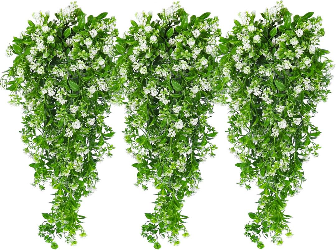 SJL Artificial Hanging Plants Fake Vine Faux Greenery Outdoor UV Resistant Plastic Plants Artificial Plant Outdoors Fake Hanging Vine for Indoor Outdoor Home Garden Wedding Party Decor (White)
