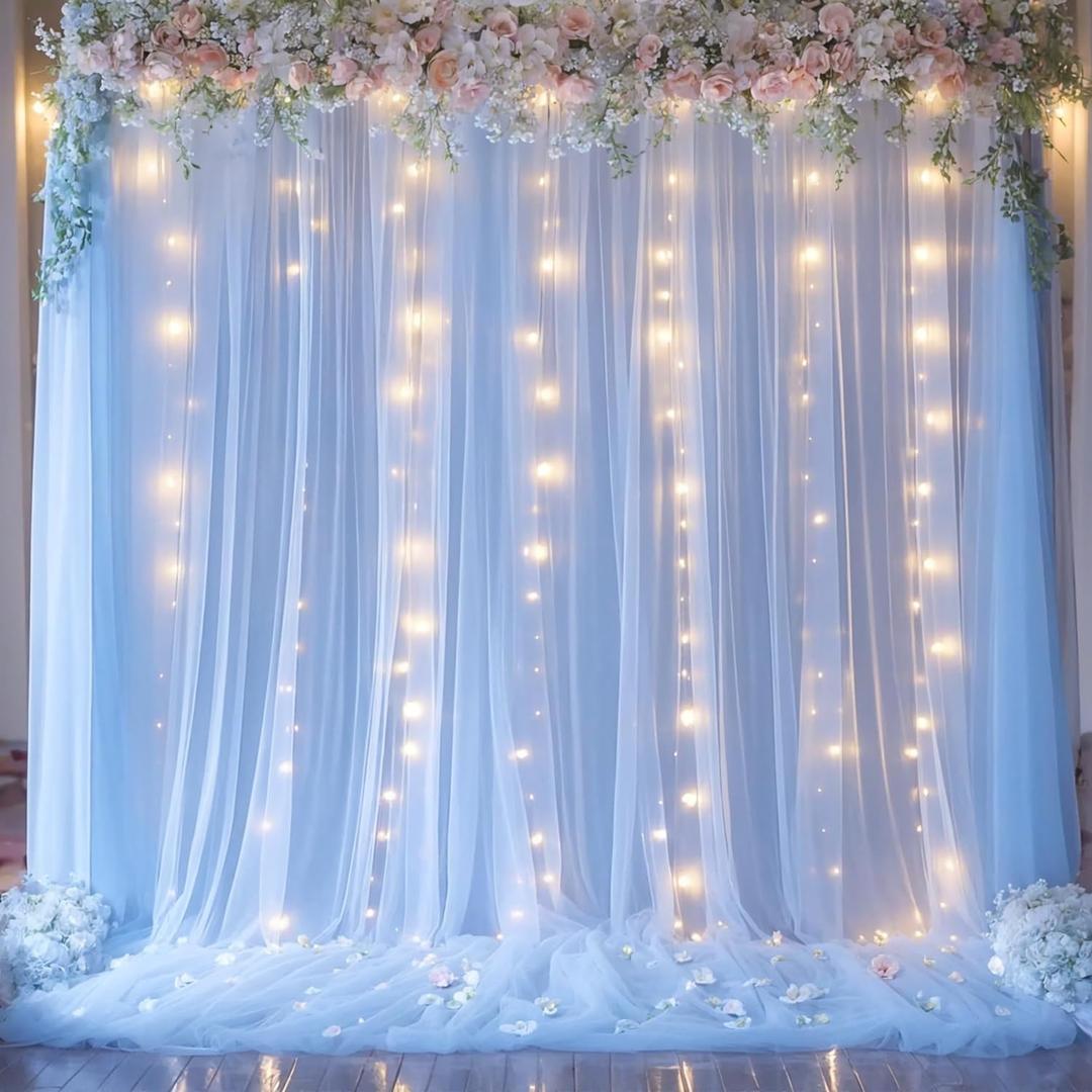 Baby Blue Sheer Tulle Backdrop Curtains with Lights String for Parites Baby Shower Decorations for Boy Bridal Shower Birthday Party Photo Shoot Background Wall Decorations 108ft(2 Panels 58ft)