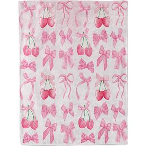 Pink Cherry Bow Throw Blanket Back to School Decorations Soft Dorm Room Essentials Gifts for Students Girls Boys Lightweight Coquette Bow Cherry Aesthetic Blanket for Nursery Room 30"x40"
